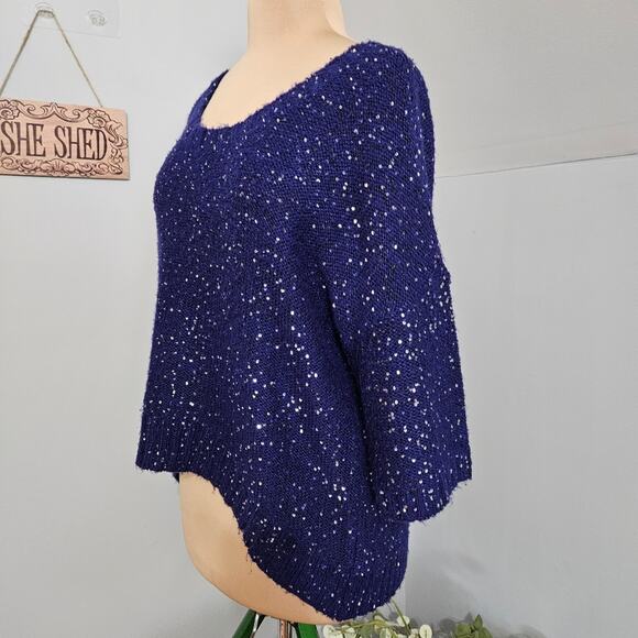 Allen B by Allen Schwartz Sweater Sequin Drop Shoulder Blue High Low XL Bling - Picture 5 of 14